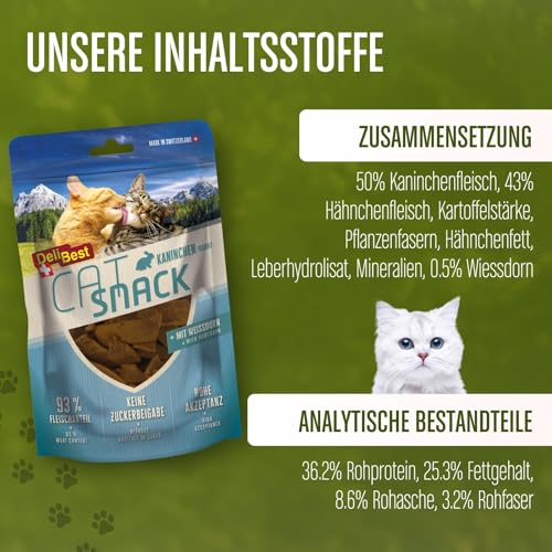 DeliBest Cat Snack aus Kaninchen mit Weissdorn/Katzen Leckerlies getreidefrei/Katzen Snack ünterstützt Herz-Kreislauf-Funktionen, fettarm und proteinreiches Fleisch / 45g