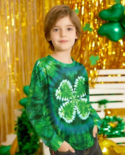 Image of Unisex Kids St. Patrick's Tie Dye Irish Clover Long Sleeve Shirt Shamrock Green Sweatshirt 6-14 Years