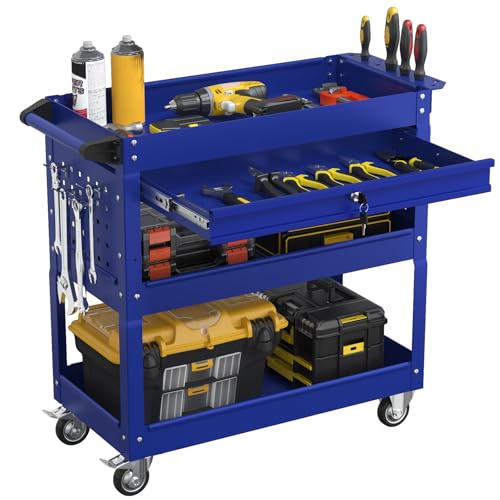 Image of 3 Tier Heavy Duty Rolling Tool Cart with Drawers, Large Storage Utility Cart on Wheels for Garage, Warehouse, Repair Shop (Deep Blue)