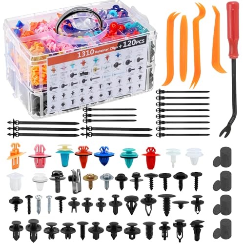 Image of 1430Pcs Car Retainer Clips & Plastic Fasteners Kit - 47 Sizes Colorful Auto Push Pin Rivets & Metal Screws with 5 Removal Tools, Cable Ties. 3-Layer Storage Box for GM Ford Honda (1430Pcs)
