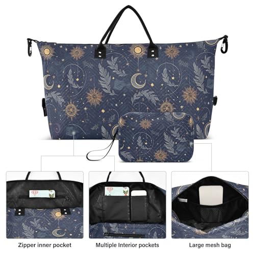 Golden Star Moon Leaves Blue Large Travel Duffle Bag Weekender Overnight Bags Gym Yoga Bag for Women Men with Toiletry Bag2