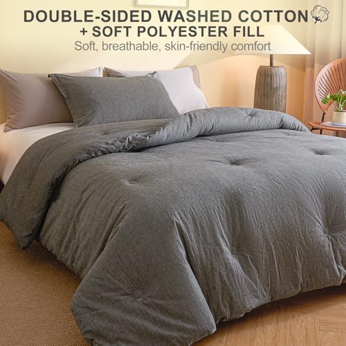 Image of 100% Cotton Comforter Set King Size - Reversible Yarn-Dyed Design, Soft Washed Cotton on Both Sides, Lightweight All-Season Bedding, Machine Washable(Black Grey, 104 inchx90 inch)