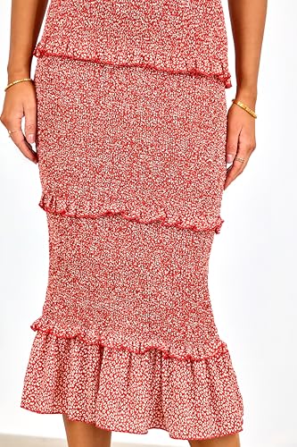 Image of dowerme Women Summer Casual Floral Midi Smocked Bodycon Dresses Spaghetti Strap Square Neck Ruffle Mermaid Prom Dress