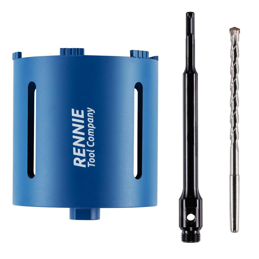 142mm x 150mm Long Diamond Core Drill Bit Set with 240mm Long SDS Plus Shank Adapter & Centre Drill Bit. To Be Used In Concrete Masonry Brick Block Stone Granite