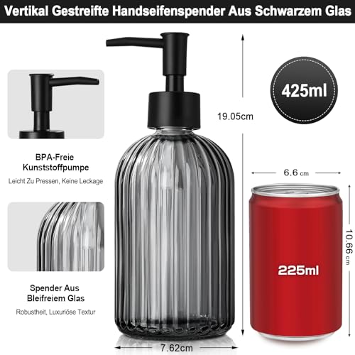 GMISUN Seifenspender, 425ml Schwarz Seifenspender Glas, 2 Stück Soap Dispenser Mit Pumpe, Modern Gestreifter Spülmittelspender Für Bad Und Küche, Pumpspender, Flüssigseifenspender 2