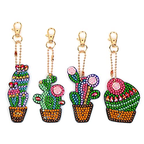 VETPW 4 Piezas 5D DIY Cactus Colgante Llavero Pintura Diamante, Doble Cara Diamond Pasted Painting Keychain Kit Completo Punto de Cruz Diamante Arts Crafts para Monedero Mochila Bolso Decoración