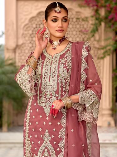 Image of INDO ERA Women's Straight Organza Ethnic Motifs Embroidered Kurta & Pant With Dupatta Set (KH9YL10613)