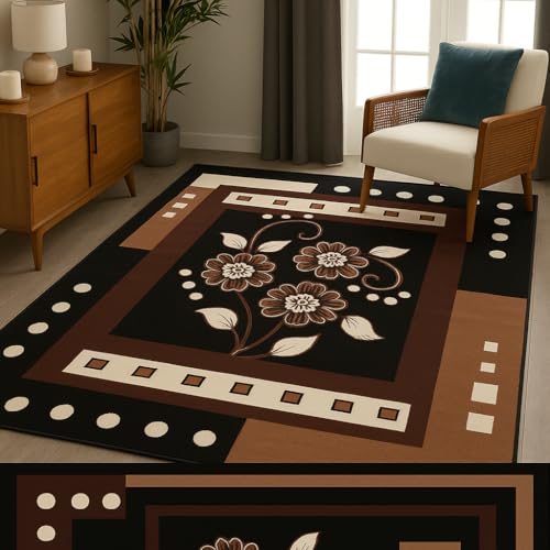 Image of Coffee Brown Floral Multi Design 6x8 Feet Medium Thickness BCF Super Soft Living Room Bedroom Carpet