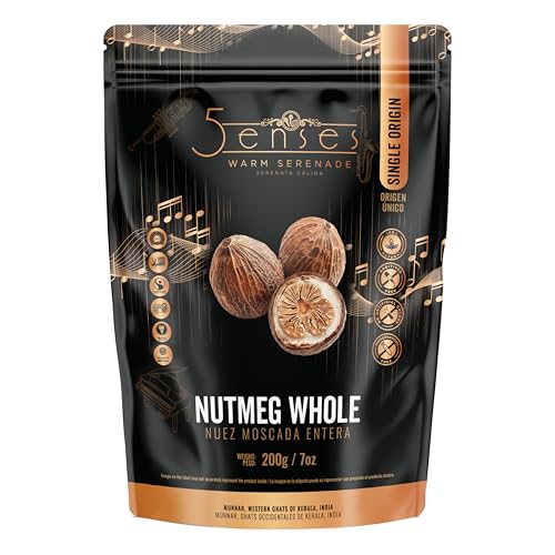 5Senses Nutmeg Whole | Nutmeg-in-the-Shell | Nuez moscada en cáscara | Warm Serenade | Single Origin, Non-GMO, Fairtrade, Premium Whole Nutmeg, Kosher, Plastic Neutral, Handpicked from Munnar, Western Ghats, India (200 gram / 7 oz)
