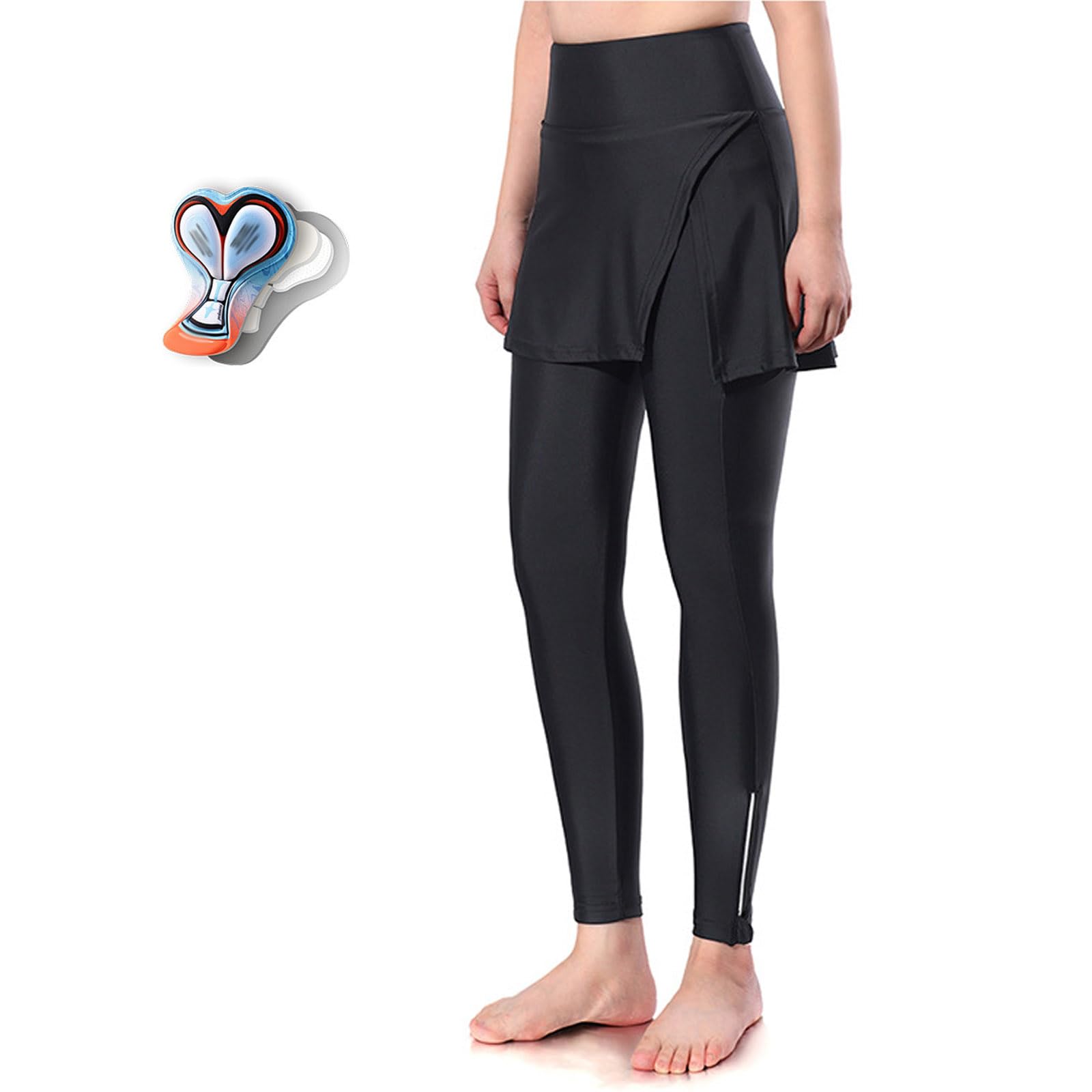 Radlerhose Damen mit Rock Lang Fahrradrock Leggings Atmungsaktiv High Waist Schnelltrocknend Radhose mit Verdeckter Tasche und 4D Sitzpolster für Stadtradeln(L)