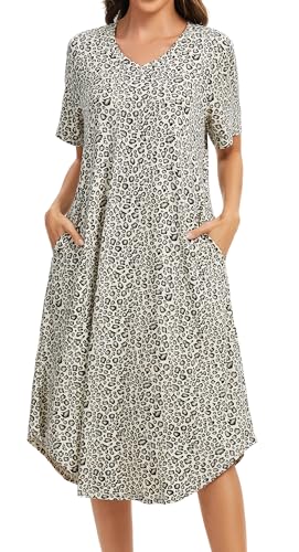 Image of Kabento Nightgowns for Women Cotton Short Sleeve Long Night Gowns with Pockets