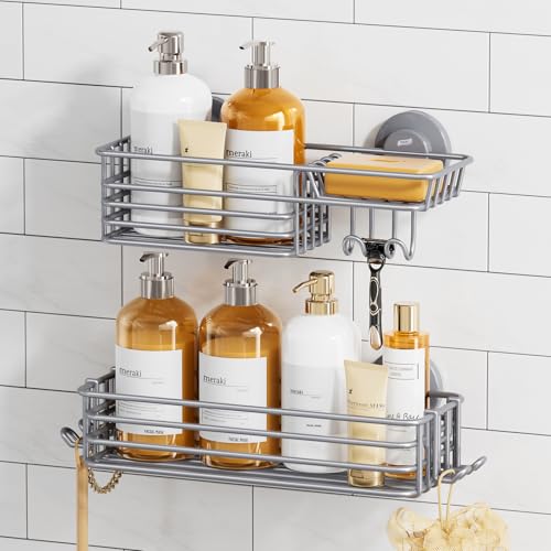 Image of TAILI Shower Caddy Suction Cup 2 Pack with Hooks & Soap Holder, Heavy Duty Shower Organizer for Bathroom, No Drilling Bathroom Organizer with Large Capacity, Metal Storage Holder-Grey