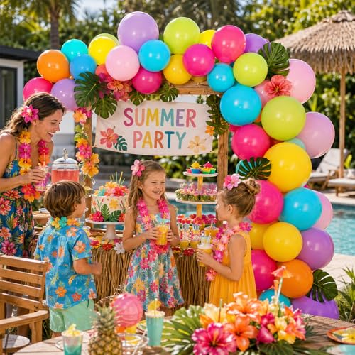Image of Colorful Balloons, 60Pcs Rainbow Balloon, 12 Inch Latex Multicolor Balloons Bright Color Yellow Orange Hot Pink Teal Blue Green for Kids Birthday Baby Shower Summer Pool Hawaii Theme Party Decoration