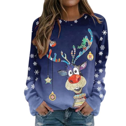 UXSELKCD Weihnachtskleid Damen Weihnachtspullover Damen Lustige Weihnachten Ugly Sweatshirt Baumwolle Pulli Basic Rundhals Hirschkopf Muster...