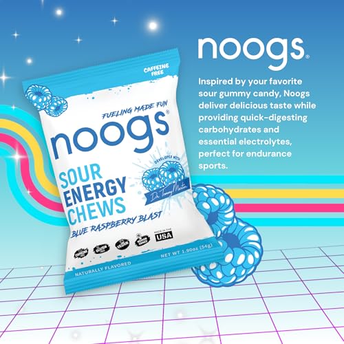 Image of Noogs Sour Energy Chews, Blue Raspberry Blast Electrolyte Energy Gummies, Sour Candy Flavored Alternative to Running Gels, Vegan, Gluten Free & Caffeine Free, 12 Pack