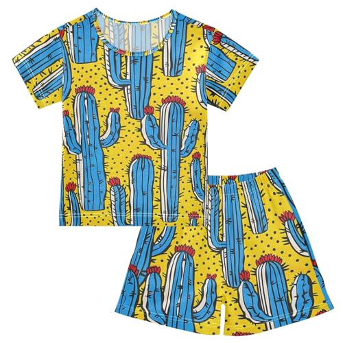 ALAZA Blue Cactus Yellow Pajamas Short Sleeve 2 Piece Sleepwear Top and Bottom Pajama Set Unisex