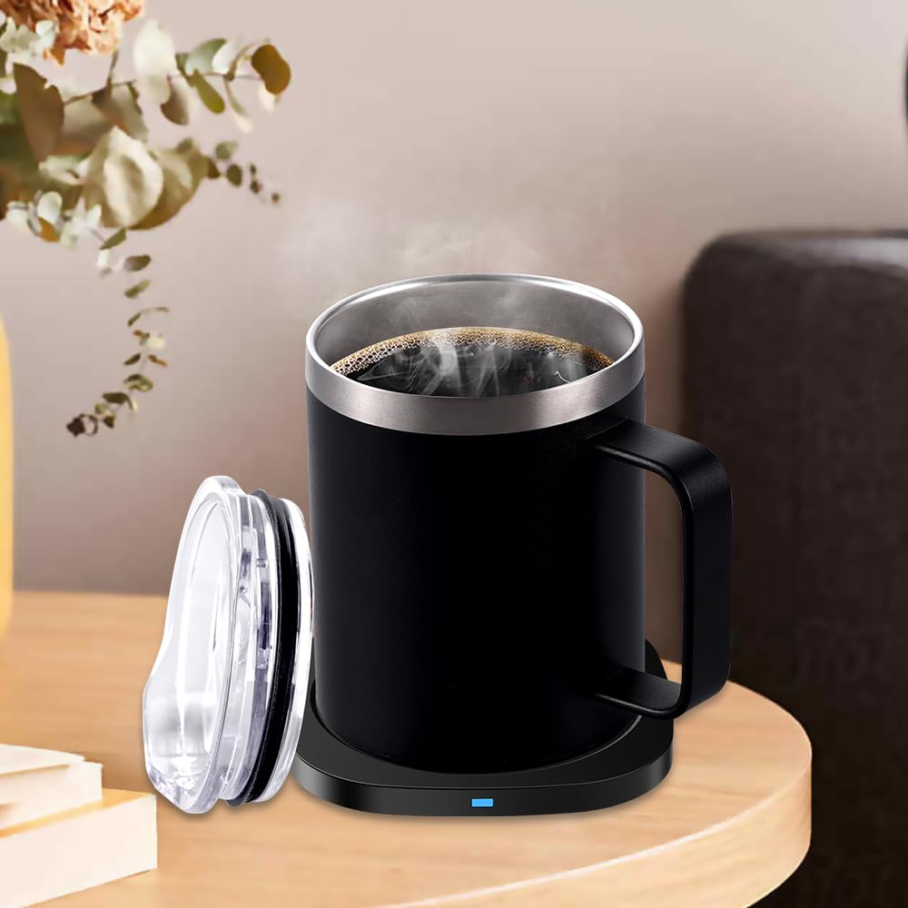 HUIOP calentador de tazas,Calentador de tazas de café 2 en 1 y cargador inalámbrico con taza y tapa 131.0 °F/131 ℉ Temperatura constante inteligente 10.5 oz Calentador de tazas de bebidas de acero ino