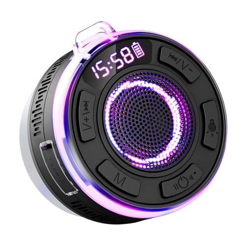 Bluetooth Shower Speaker, Portable Shower Speakers IP7 Waterproof with Suction Cup and Time Display, Dynamic LED Lights and Dual Stereo Pairing, Handsfree Wireless Speaker with Mic for Bathroom, Beach