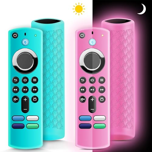Image of (2 Pack) ONEBOM Silicone TV Remote Cover Case, Anti Slip Silicone Protective Control Case Cover with Lanyard(Glow Pink&Sky Blue)