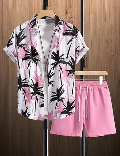 Image of Yimoon Men's Summer 2 Piece Outfits Tropical Print Short Sleeve Button Down Hawaiian Beach Shirt and Shorts Set