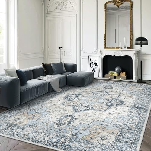 GENIMO 10x14 Area Rugs for Living Room, Machine Washable Rug, Non Slip Vintage Rugs, Low Pile Lightweight Chenille Print Rug for Bedroom, Dining Room, Home Office, Blue