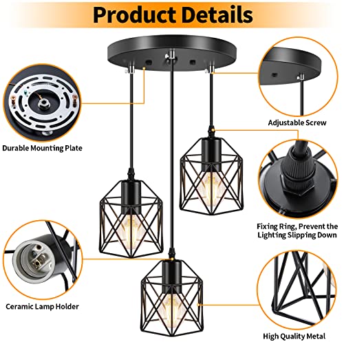 Licperron Industrial 3-Light Pendant Light, Adjustable Kitchen Hanging Ceiling Light Fixtures with Metal Cage, Black Farmhouse Pendant Lighting for Kitchen Island Dining Room Hallway, E26 Base - Image 5