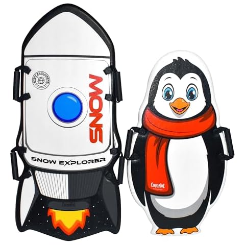 CocoNut Outdoor- Single & Double-Rider Foam Snow Sled 2 Pack - Penguin & Rocket Ship - Lightweight Foam Toboggans with Grip Handles & Slick Bottom for Increased Speeds, Ideal for Kids & Tweens & Teens Cover