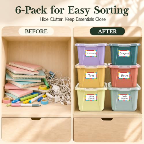 Image of GAMENOTE 6 Qt Storage Bins with Lids, Morandi 6 Pack, Stackable Boxes | home office supply organizer with removable label stickers sort desk supplies, cables, crafts and closet essentials