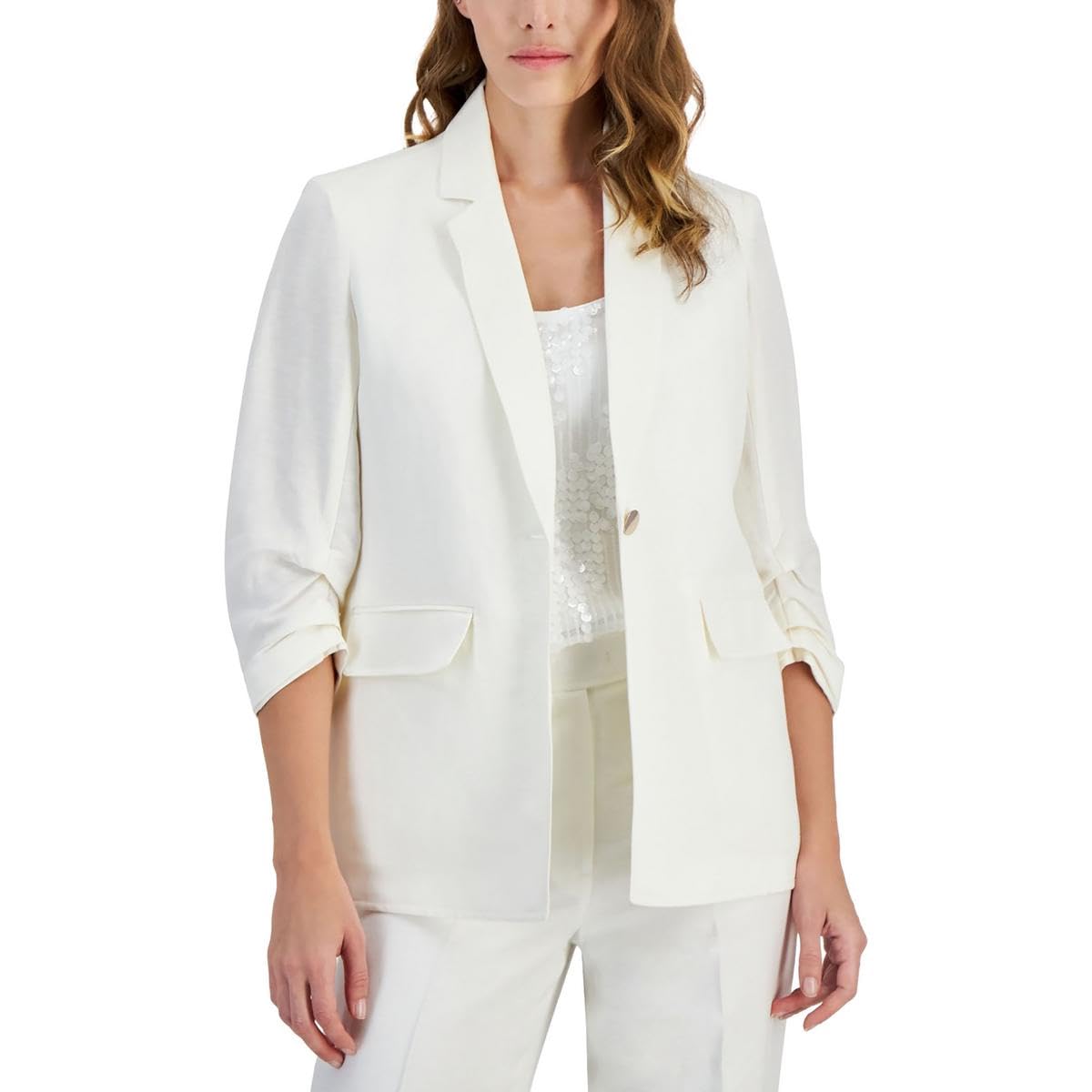 Anne Klein Womens Linen One Bttn Notch Collar W Scrunch Sl