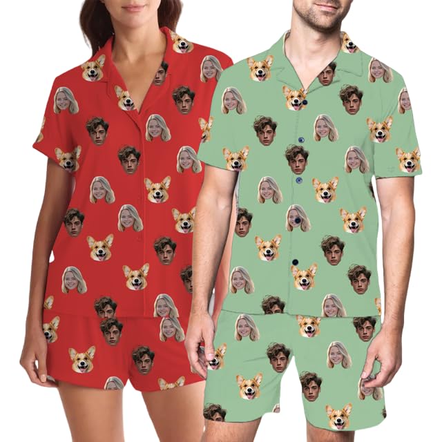 Conjunto de pijama personalizado con cara – Ropa de dormir de manga corta personalizada para parejas – Divertidas pijamas personalizadas para él y ella – Regalo único para cumpleaños o aniversario