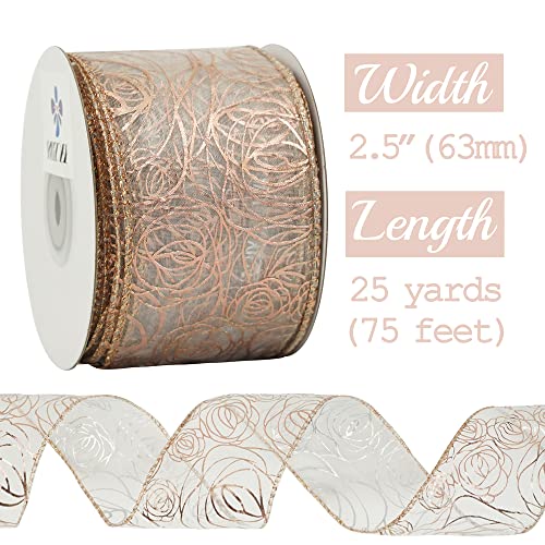 Meedee Rose Gold Ribbon Wired Rose Ribbon Wedding Wired Ribbon 2.5 Inch Shimmer Organza Ribbon With Wire Pink Sheer Ribbon For Wedding Gifts Wrapping Wreath Garland Staircase Porch Decor (25 Yards) #TOP1