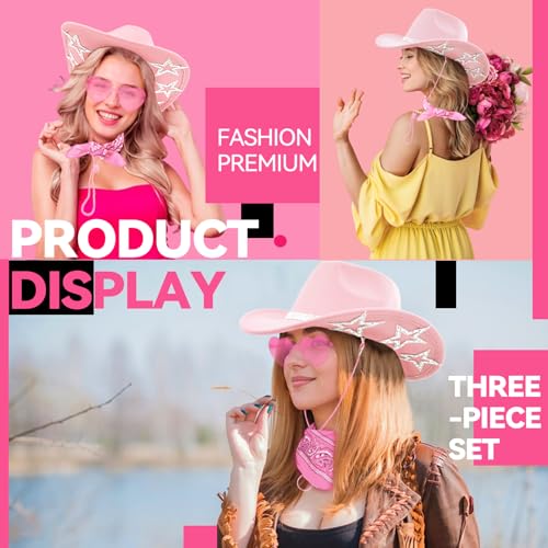 Image of SHENYI Cowgirl Hat and Bandana and Heart Sunglasses Glitter Rhinestone Star Cowboy Hat Western Sparkly Hats for Women Men