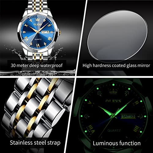 Olevs Watch For Men White Gold Stainless Steel Mens Watch With Date Day Quartz Movement Classic Luxury Dress Watches For Men Casual Waterproof Men's Watch Blue Dial Analog Large Face Mens Wrist Watch #TOP4