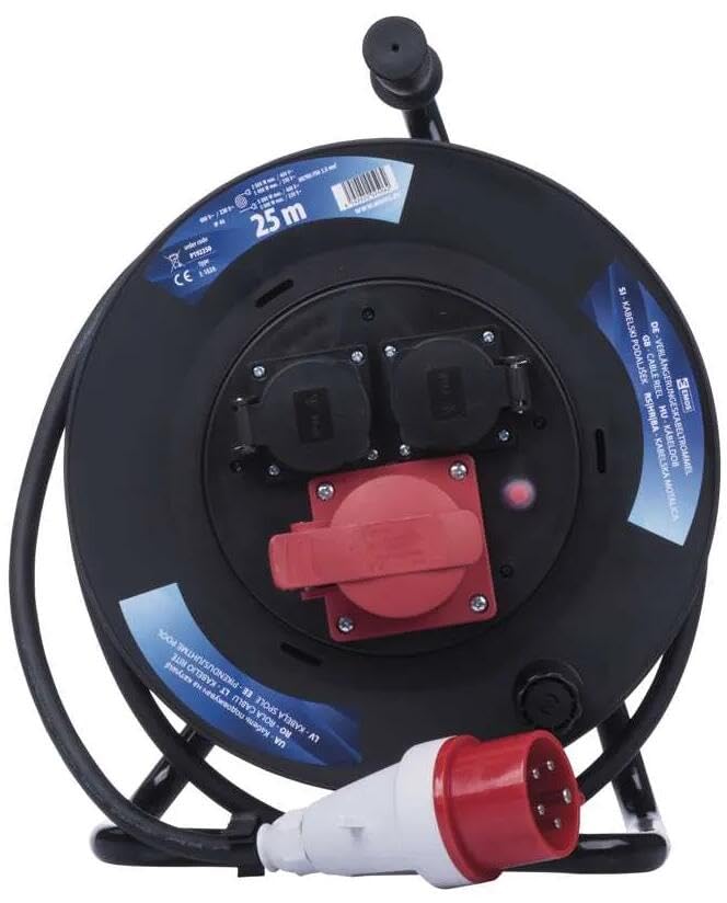EMOS - Carrete de Cable CEE de 25m - 3 Tomas (1 CEE, 2 Schuko) - Resistente al Agua - 230 V/400 V, 13 A, 3000 W/5000 W - Aislamiento de Goma - H07RN-F 1,5 mm2 - IP44 para Exteriores y Camping