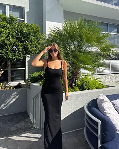 Popilush Women Maxi Bodycon Shaper Dress Built In Shapewear Bra Black Spaghetti Strap Casual Elegant Long Slip Summer Dresses #TOP2