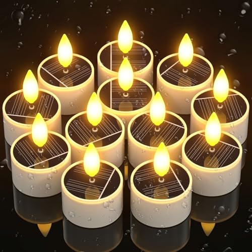 PChero 12er Set Solar Teelichter für Außen, LED Flackernd Solar Kerzen Outdoor Wasserdicht, Aufladbare Teelichter Solarkerzen mit Dusk to Dawn Sensor für Garten Terrassen Balkon Laterne Grab Deko