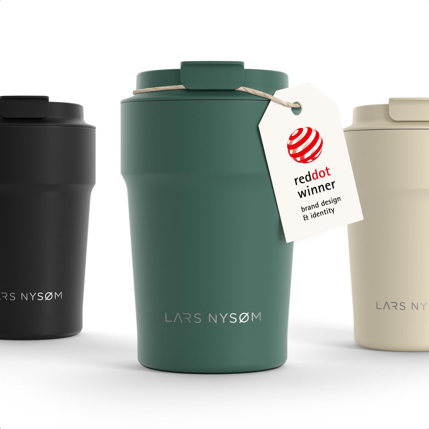 LARS NYSØM Thermo Coffee Mug-to-go 13oz | Travel Mug 0.38 L with Insulation | Silicone Grip Base | Leak Proof Stainless Steel Tumbler for Coffee and Tea on the Go (Pine Green - Powder, 380ml)
