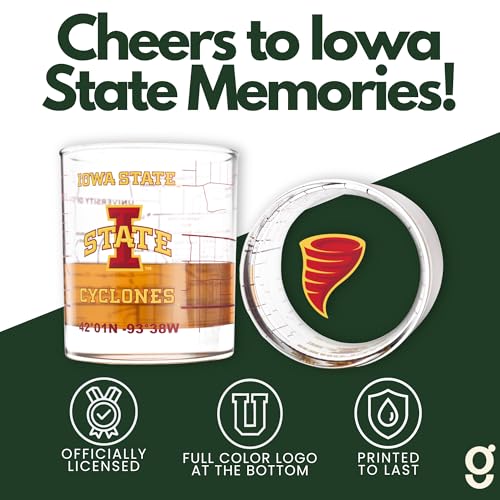 Image of Greenline Goods Iowa State University Cyclones Whiskey Glasses Set of 2, 10 oz Rocks Glasses with Full-Color Logo & Campus Map - Officially Licensed Bourbon Glass Gift for Alumni & Fans