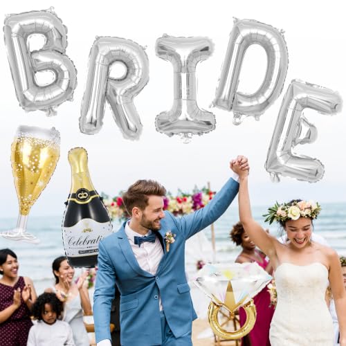Image of 40inch Bride Balloons Silver Letters Banner, Bachelorette Party Decorations Set with Diamond Ring Champagne Bottle Balloon Glass Foil Balloon for Silver Bachelorette Engagement Wedding Bridal Shower