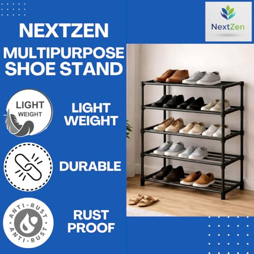 Image of NextZen Shoe Rack 5 Layer, Shoe Stand - Premium Plastic Multipurpose Shoe, Cloth & Book Storage Shelf for Home, Balcony, Living Room & Workspace