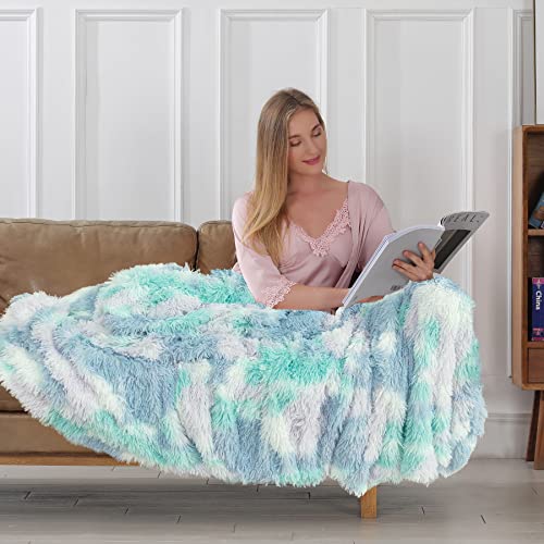 Tuddrom US013 Decorative Extra Soft Faux Fur Blanket Twin Size,Solid Reversible Fuzzy Lightweight Long Hair Shaggy Blanket,Fluffy Plush Fleece Comfy Microfiber Throw Blanket For Couch Sofa Bed,Tie Dye Blue thumb #1