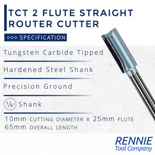 Rennie Tools - 10mm Cutting Diameter x 25mm Flute x 1/4" Shank TCT Tipped 2 Flute Straight Router Cutter Bit. Compatible With Makita Bosch Trend Katsu Dewalt Router Etc. 10mm Router Bit - Image 3