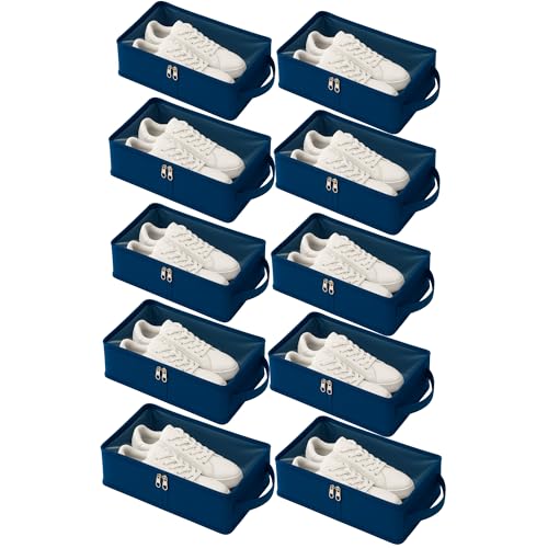 Image of Under Bed Storage Shoes Organizer Box with Clear Plastic Zippered Cover | Foldable Rexine Shoe Bag for Closet Bedroom & Travel | Dustproof Footwear Holder for Men & Women (Blue,Pack of 10)