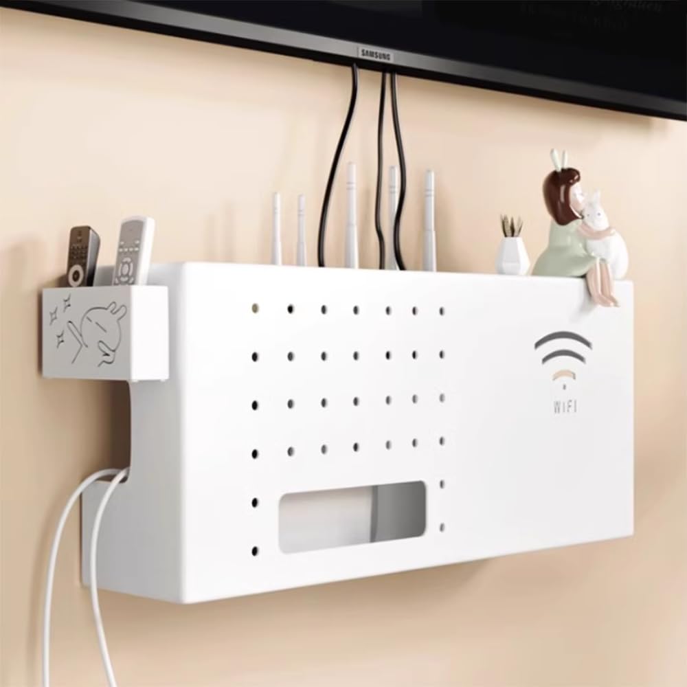 Boîte de Rangement pour Routeur WiFi, Étagère de Stockage de Routeur sans Fil, TV Décodeur Boîte de Rangement Murale, Étagère de Routeur Murales(White)