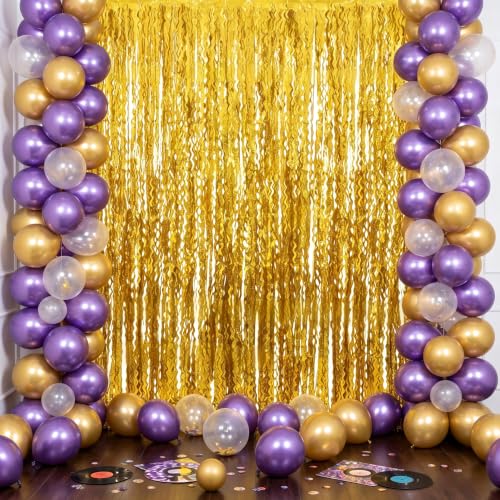 Image of TONIFUL 2Pcs Wavy Gold Metallic Tinsel Foil Fringe Curtain Laser Streamers | 3.3ftx6.6ft Photo Booth Backdrop Tinsel Streamer Curtain, Props for Bachelorette Birthday New Year Graduation Christmas Decor