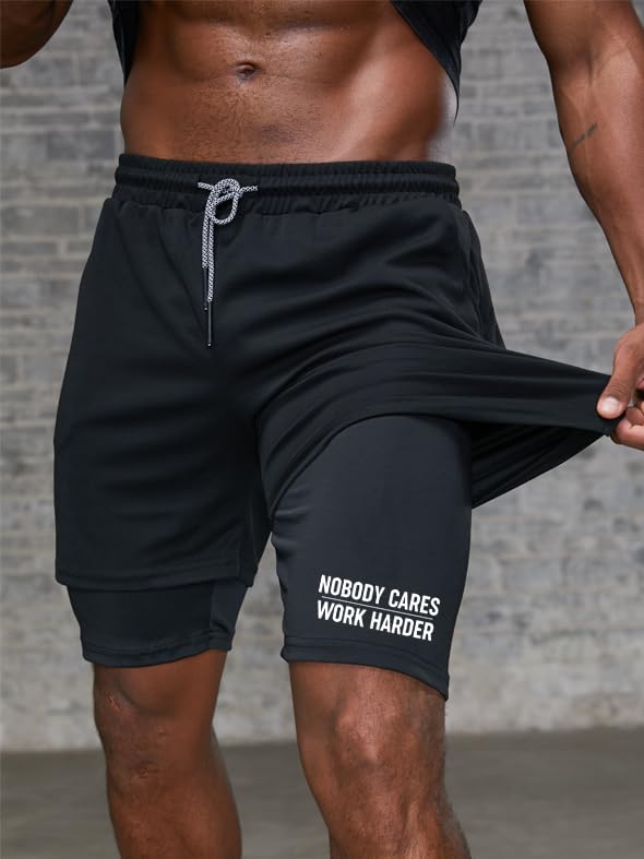 Nobody Cares Work Harder Performance Shorts，Novelty Designed Workout Shorts with Pockets, Lightweight Gym Wear for Training2