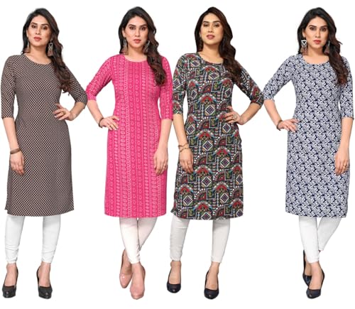 Image of JAKHANA Women's Crepe Printed Casual Straight Calf Length Round Nick Kurta Pack of 4