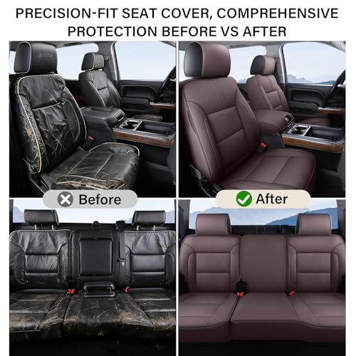 Image of Coverado Chevy Silverado Seat Covers, Leather Car Seat Covers Custom Fit for Chevy Silverado GMC Sierra 2014-2018 1500, 2015-2019 2500HD 3500HD (Full Set, Brown)