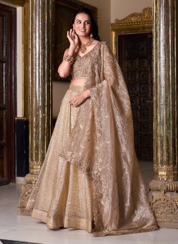 Image of KALPAS Gold Embroidered Lehenga Choli Set with Dupatta, Sleeveless Blouse, Traditional Indian KP-317