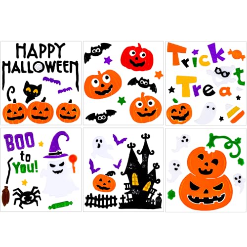 JOICEE 6pcs Halloween Gel Window Clings - Pumpkins Ghost Bats Spider Trick or Treat Decals for Home & Classroom